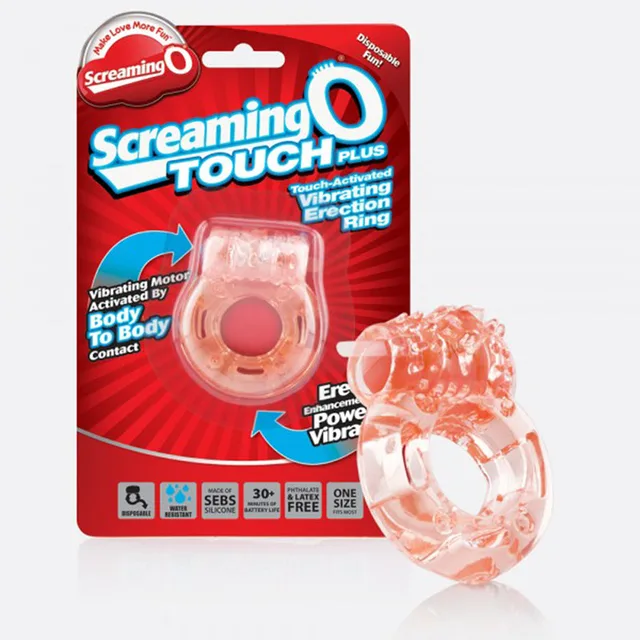 Screaming O Touch Plus pink vibrating ring beside red retail card