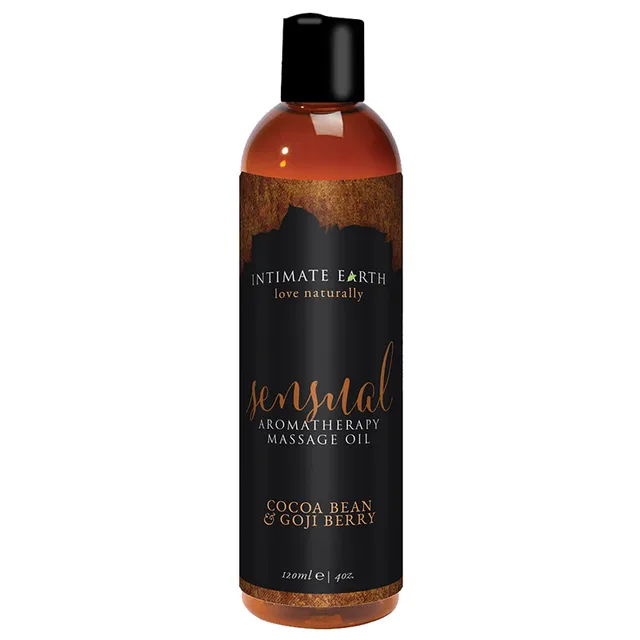 Intimate Earth Sensual Massage Oil amber 4 oz bottle with black cocoa goji label