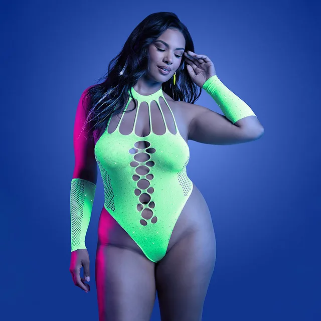 Fantasy Lingerie Pressure Point neon green teddy Queen front fit with teardrop cutouts and rhinestone accents