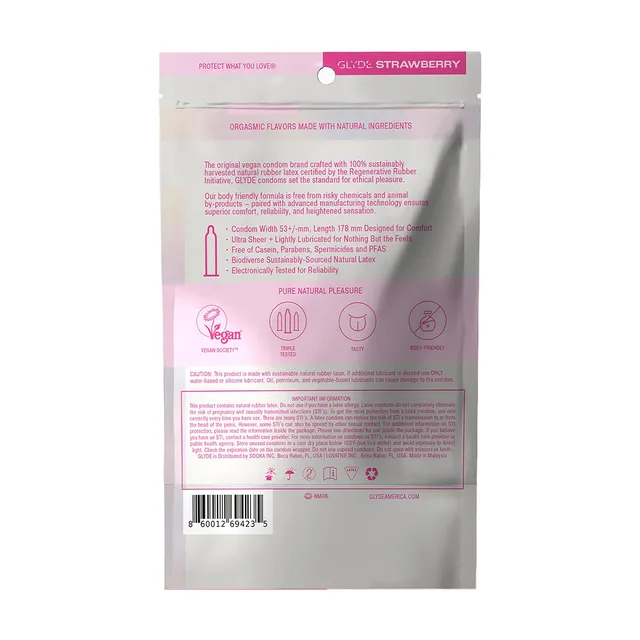 GLYDE strawberry flavored ultra-thin latex condoms 12-pack back of the pouch with the pink flavor band and product text