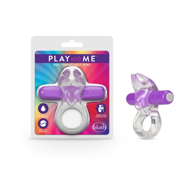 Play with Me Bull package beside purple bullet and clear C-ring