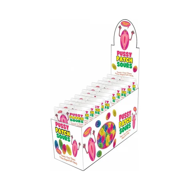Pussy Patch Sours 12 Piece Display white countertop tray with individual candy packs