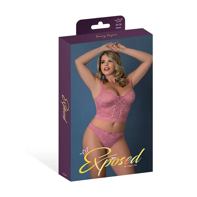 Magic Silk Wisteria Mist pink lace cami and thong set size Queen displayed in purple retail packaging