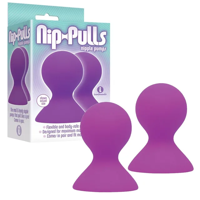 The 9's Violet Silicone Nip-Pulls two violet suction cups beside aqua purple retail cartons