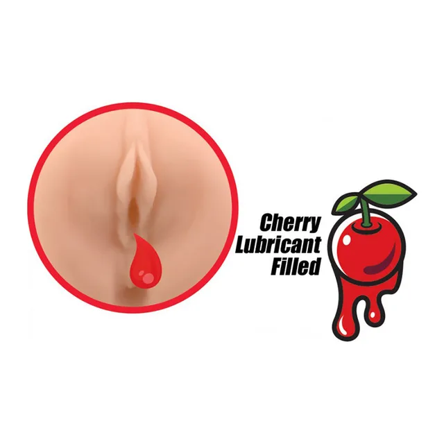Cherry-themed Sweet Virgin stroker graphic with anatomical opening illustration