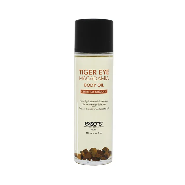 Clear Exsens Tiger Eye 3.4 oz body oil pump bottle with black cap