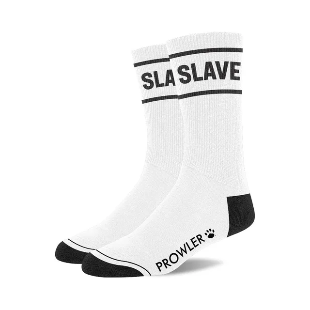 Pair of white Prowler RED socks with SLAVE cuff lettering