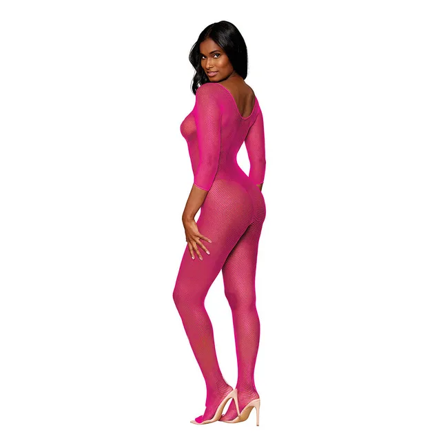 Dreamgirl neon pink three-quarter sleeve fishnet bodystocking rear full-length model view