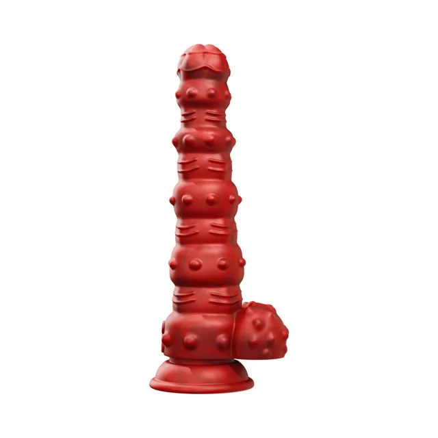 Tentra Rengol red studded demon dildo front-left view of segmented shaft