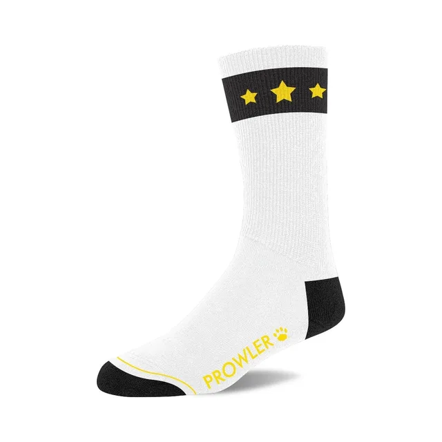 Single white Prowler Gold Star sock with black heel and toe