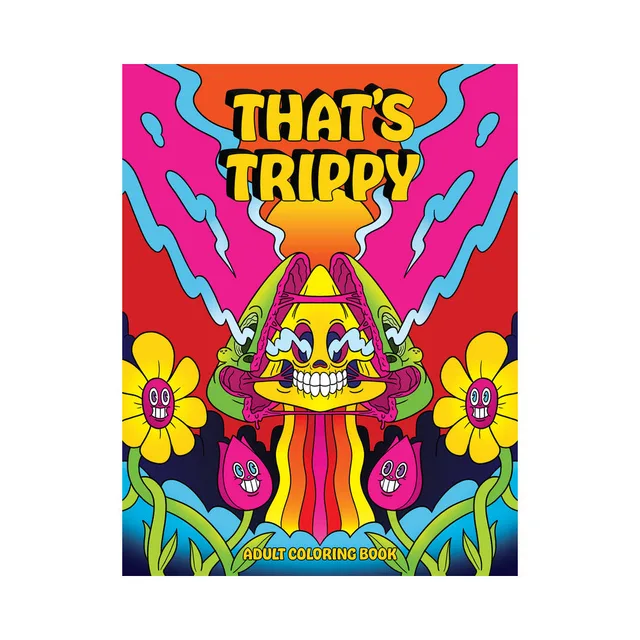 That's Trippy coloring book cover with neon mushroom face and flowers