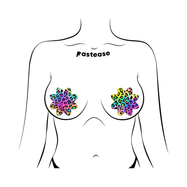 Pastease rainbow leopard print petal breast pasties front placement illustration on a torso outline