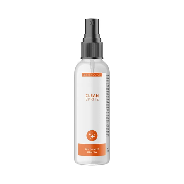 Me You Us Clean Spritz 5 oz tall clear spray bottle with orange label