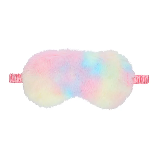 Front view of pastel rainbow Ouch fluffy mask with pink strap