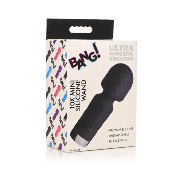 black BANG 10X Mini silicone wand displayed on white retail box