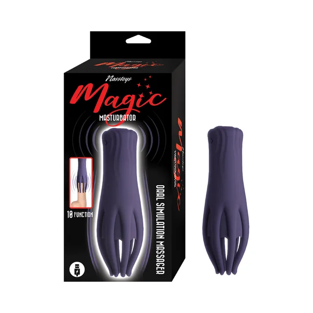 Purple Nasstoys Magic multi-arm masturbator beside black window box