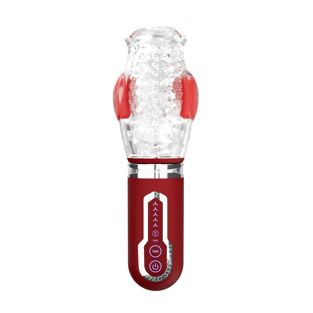 Adam and Eve Pleasure Pro 3000 clear stroker upright front view with red controls