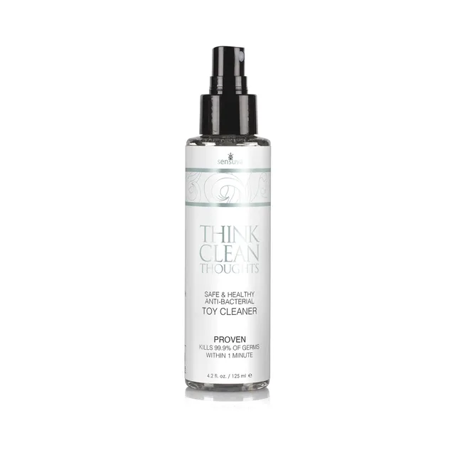 Sensuva Think Clean Thoughts Toy Cleaner clear spray bottle with black nozzle and white label