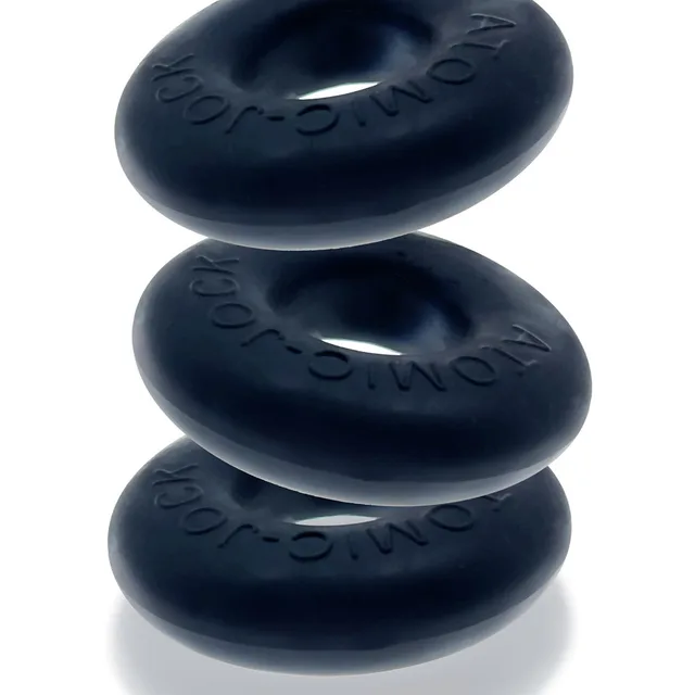 Stacked side view of three thick OxBalls Ringer Night rings