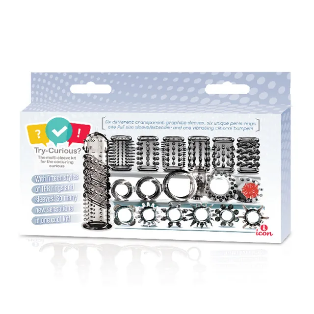 Try-Curious box displaying black rings textured sleeves and harness pieces