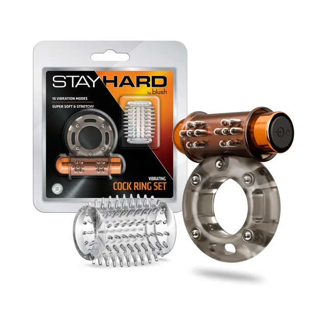 Blush Stay Hard vibrating ring set 3 with studded bullet ring, spiked sleeve and retail package
