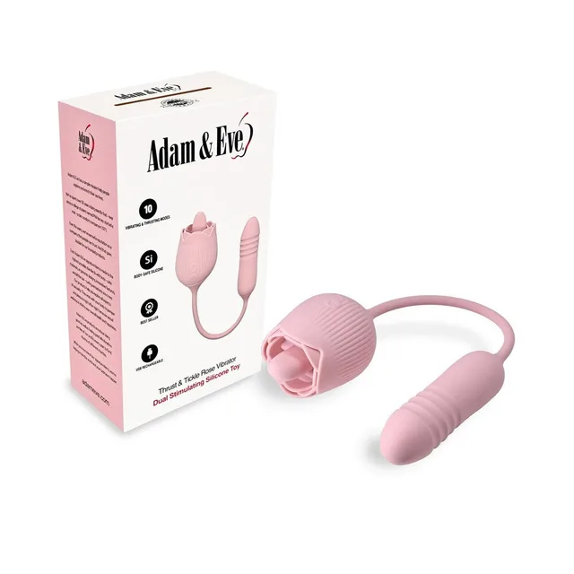 Pink Adam and Eve Thrust and Tickle Rose displayed beside white retail box