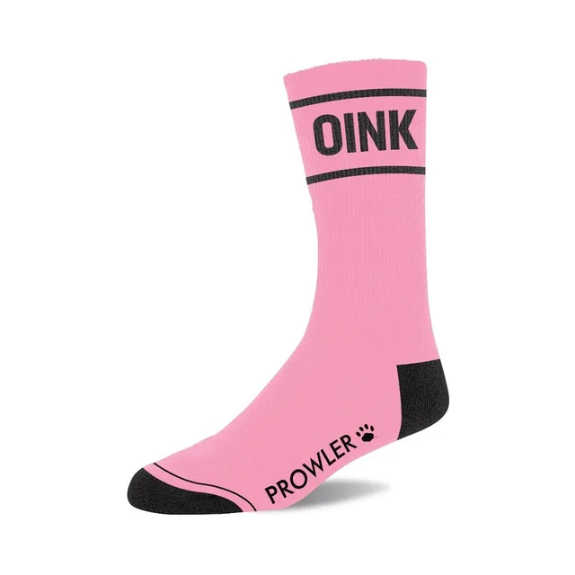 Single pink Oink crew sock with black heel and toe