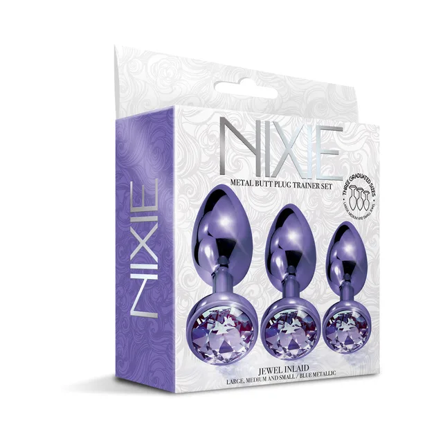 Nixie purple metallic three-piece plug set beside retail box