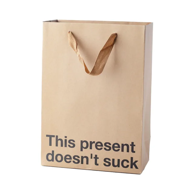 tan kraft gift bag reading This present doesn't suck