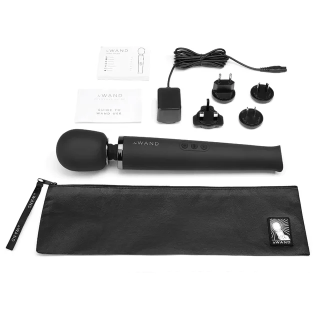 Black Le Wand massager set with cable, adapters and storage pouch