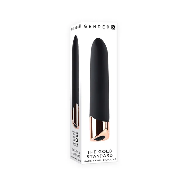 Gender X Gold Standard black bullet beside retail box