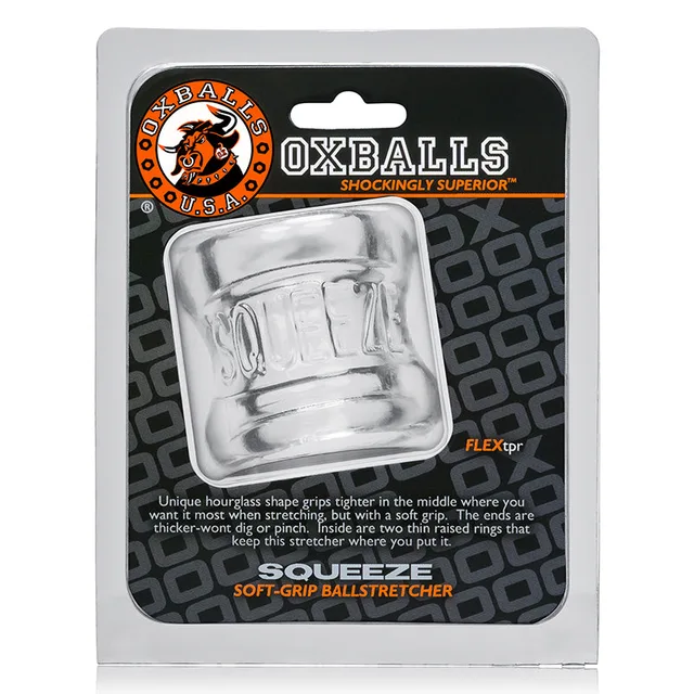 OxBalls Squeeze Clear Square Ball Stretcher in package