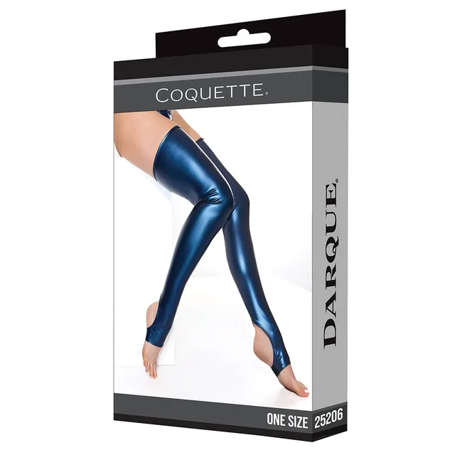 Coquette Darque blue open-foot thigh highs shown on retail box