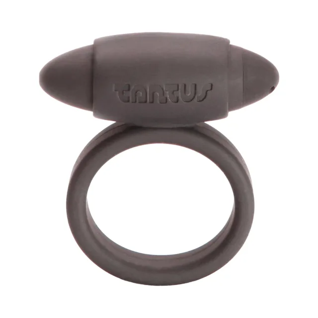 Tantus onyx black vibrating C-ring with gray horizontal bullet sleeve