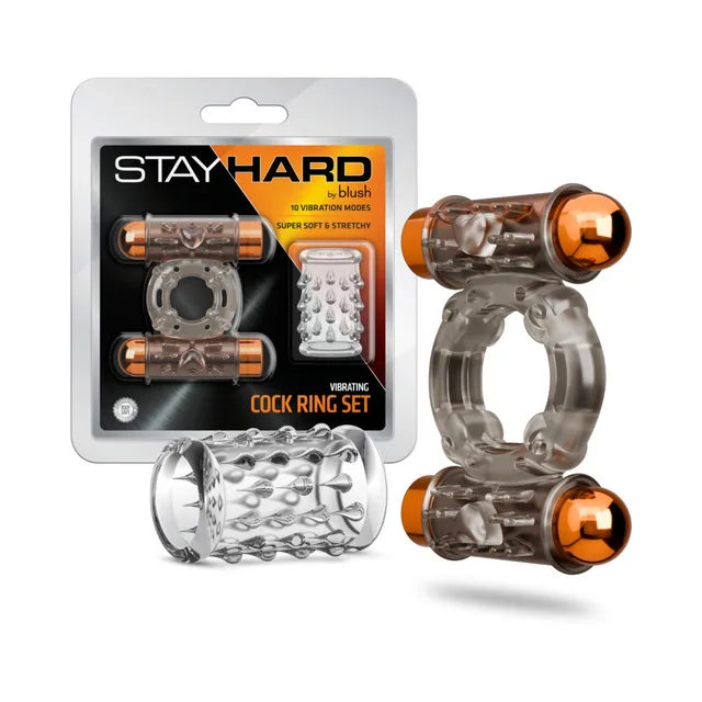 Blush Stay Hard vibrating ring set Dual Bullet with dual-bullet ring, textured sleeve and retail package