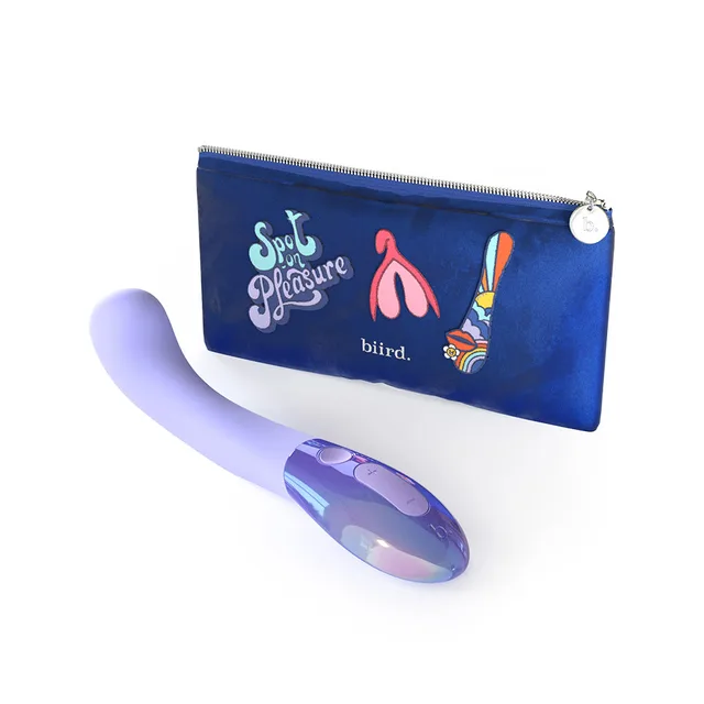 Lilac Biird Gii Glow vibrator beside illustrated storage pouch