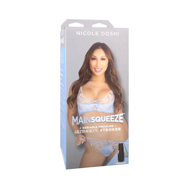 Nicole Doshi Main Squeeze ULTRASKYN stroker retail box with light blue panel