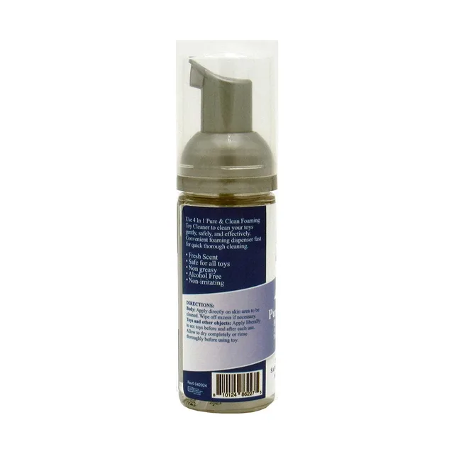 Adam & Eve Pure & Clean 1.6 oz foaming toy cleaner rear bottle view with directions panel barcode and clear pump cap