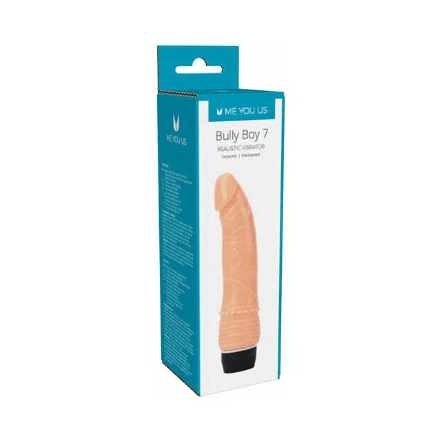 beige Me You Us Bully Boy 7 veined vibrator with textured base in teal box