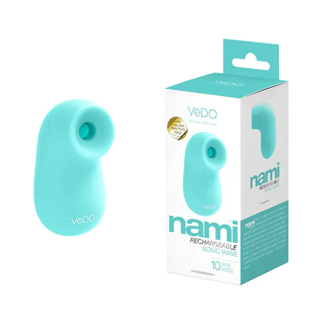 VeDO Nami turquoise sonic vibrator beside white retail box