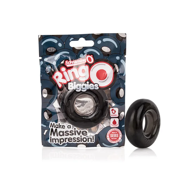 Screaming O RingO Biggies Black Ring thick ring beside black patterned package