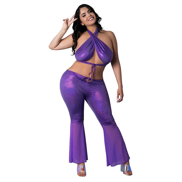 Glimmer Queen purple halter and flare pant set full front view worn by model