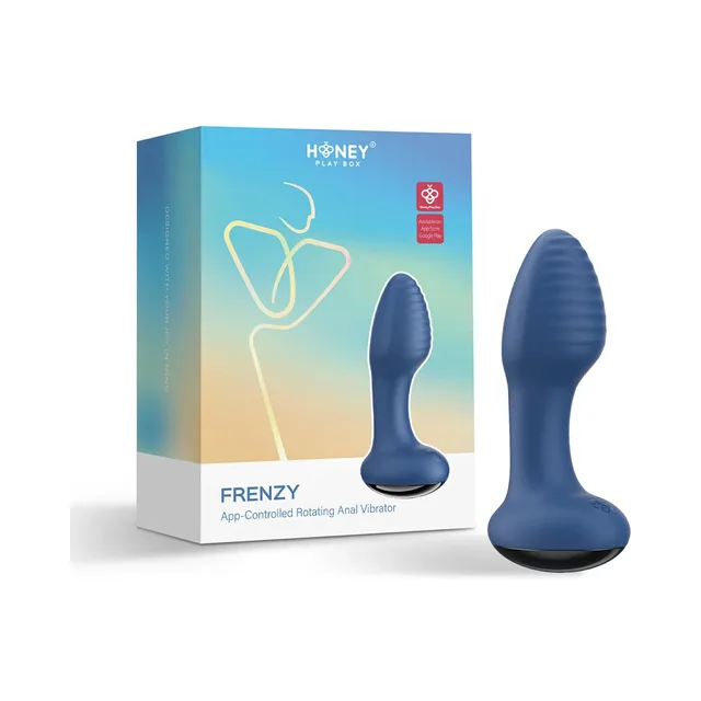 Blue Honey Play Box Frenzy rotating plug displayed beside gradient retail box
