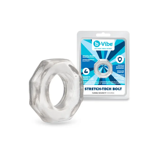 b-Vibe Stretch-Tech Bolt clear faceted C-ring with retail package