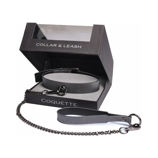 Coquette gray collar and chain leash arranged inside black display box