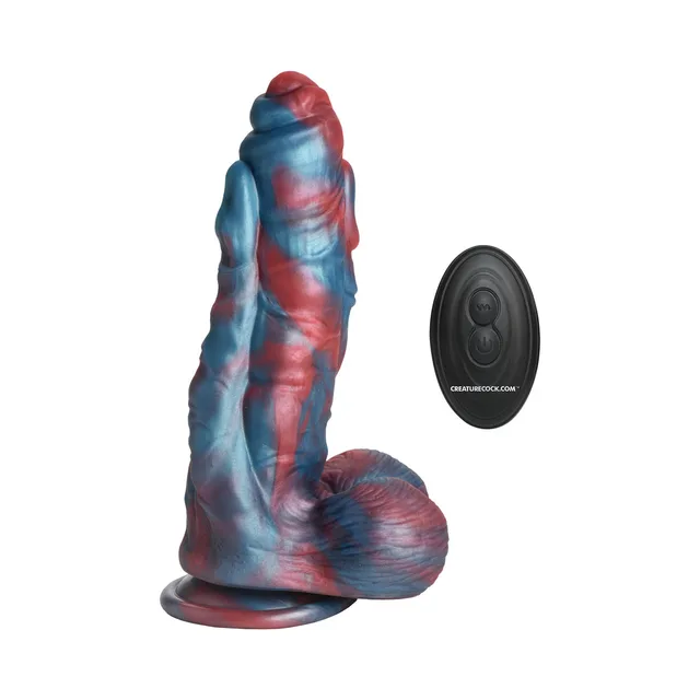Creature Cocks Hydra X red-and-blue vibrating fantasy dildo with oval black remote