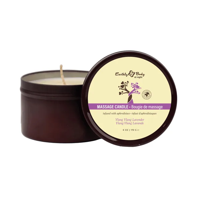 Open Ylang Ylang Lavender candle beside purple-labeled tin lid