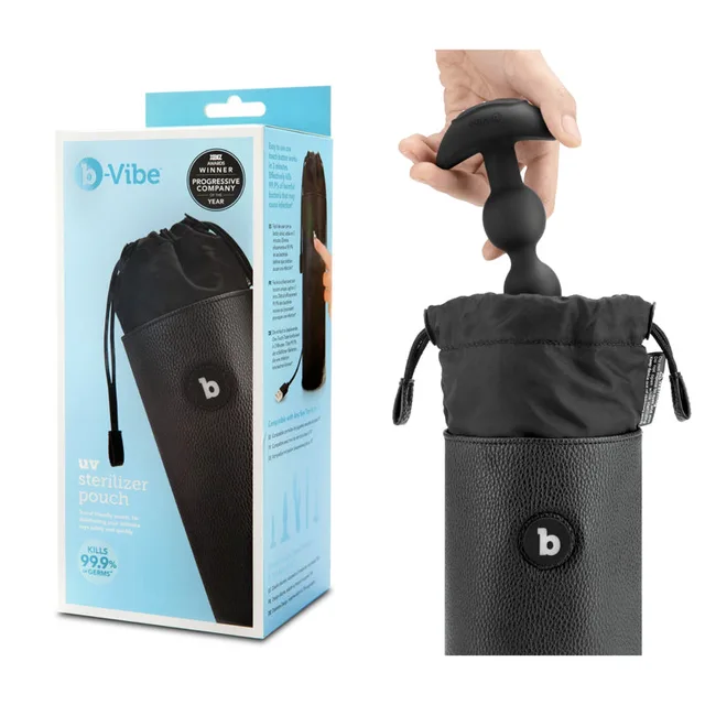 b-Vibe black UV Sterilizer Pouch beside blue retail box