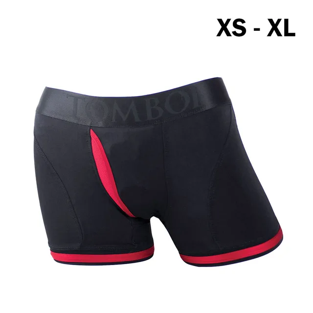 black Tomboii sizing brief with pink trim labeled XS-XL