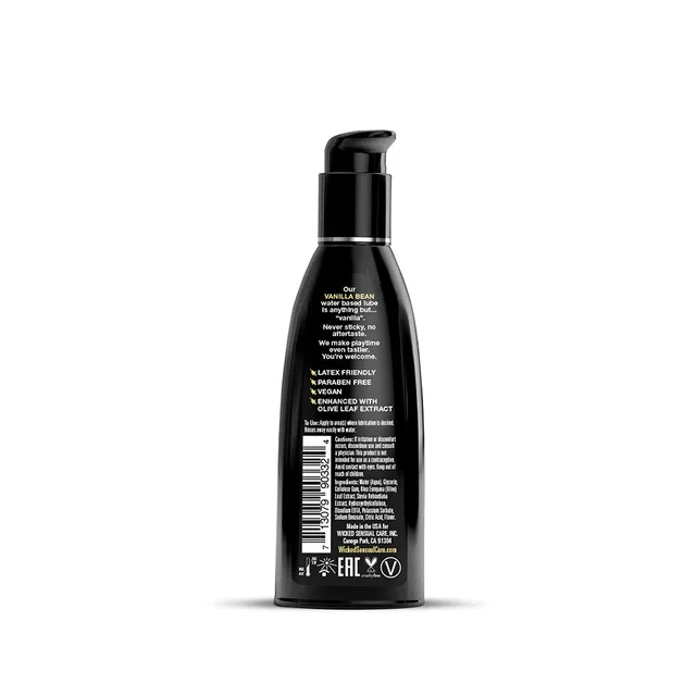 Wicked Aqua Vanilla Bean Lubricant black bottle rear with ingredients and barcode